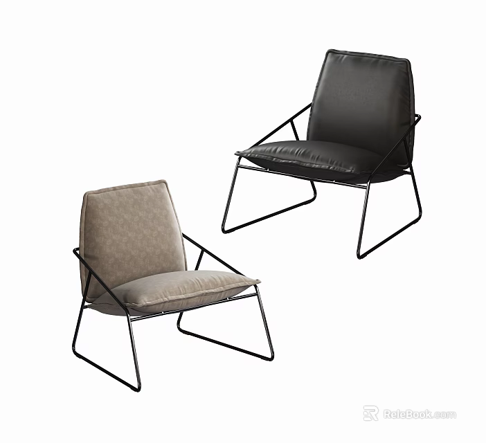 Modern Minimalist Leisure Chairs with Black Metal Frames Gray Fabric and Black Leather Cushions 3d model 