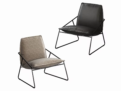 Modern Minimalist Leisure Chairs with Black Metal Frames Gray Fabric and Black Leather Cushions 3d model