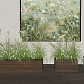Natural Plant Combination with Wooden Planters Herbaceous Plants Green Toned Painting and White Globe Light