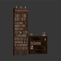 Tall And Short Dark Wooden Bookcases Filled With Books And Small Decor On Top