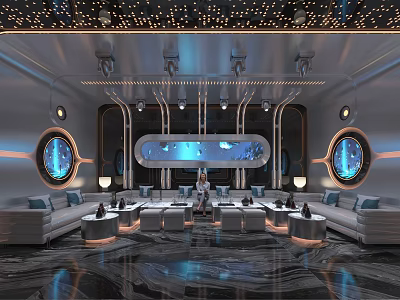 Luxury KTV Interior With Blue Lighting Round Windows And Comfortable Sofa Seats 3d model