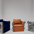 Stylish Accent Chairs With Orange And Blue Upholstery And Carved Armrests In Minimalist White Space