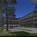 Modern School Building Exterior With Large Windows Trees Courtyard And Green Lawn