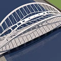 Modern Arch Bridge With White Steel Structure And Traffic Lanes Over River