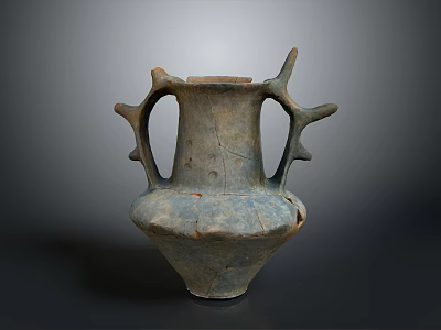 Ancient Multi Handled Ceramic Sculpture With Textured Surface And Weathered Grayish Blue Finish 3d model