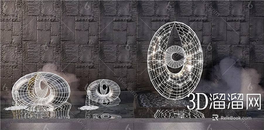 Contemporary Wireframe Landscape Sculpture Featuring Circular Shape Water Elements And Stone Wall Background 3d model