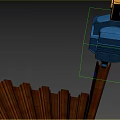 Yellow Construction Excavator Performing Pile Driving Work With Blue Driver Attachment And Wooden Piles