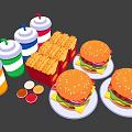 Fresh Juicy Hamburgers With Crispy French Fries Drink Cups And Sauce Containers