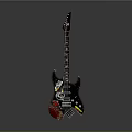 Household Electric Guitar With Black Body And Decorative Stickers On Gray Background