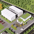 Modern Industrial Factory Building With White Facade Large Glass Windows Green Lawn And Trees