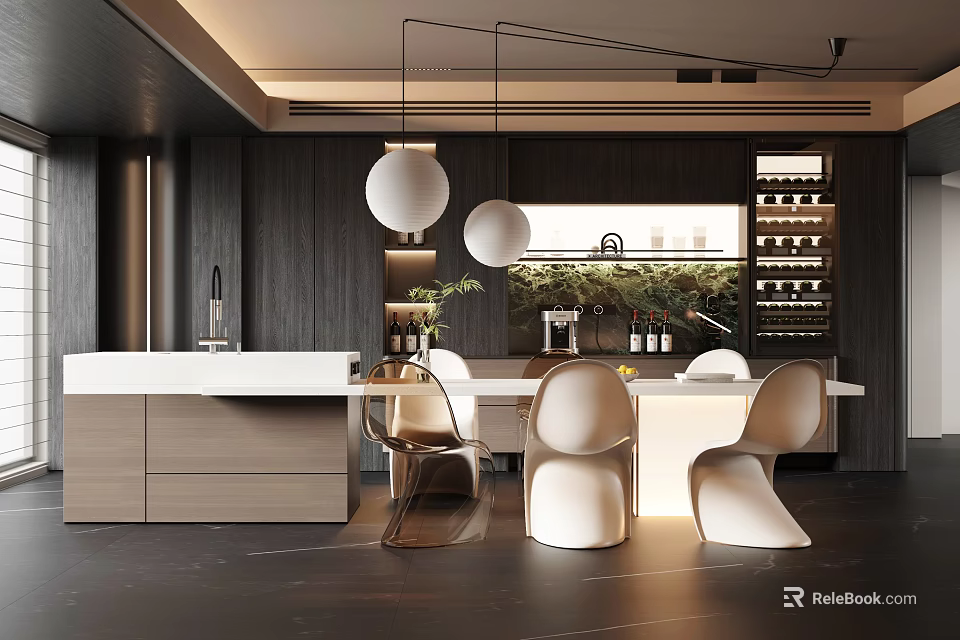 Modern Restaurant Interior With White Chairs Counter Hanging Lights And Wine Rack 3d model 