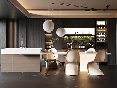 Modern Restaurant Interior With White Chairs Counter Hanging Lights And Wine Rack 3d model