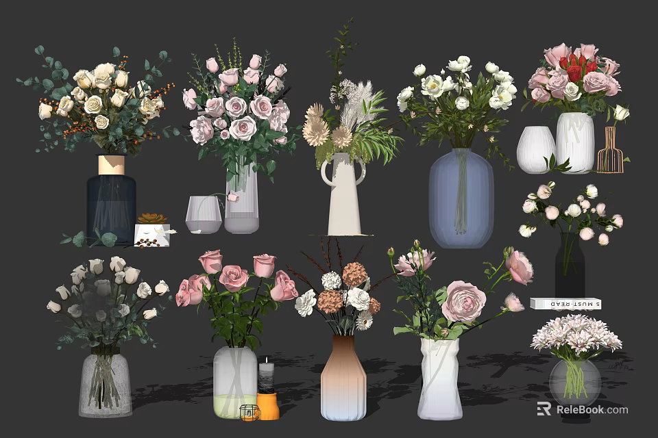 Various Style Vases With Assorted Colorful Flowers For Modern Home Decoration 3d model 