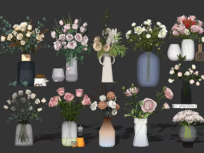 Various Style Vases With Assorted Colorful Flowers For Modern Home Decoration 3d model