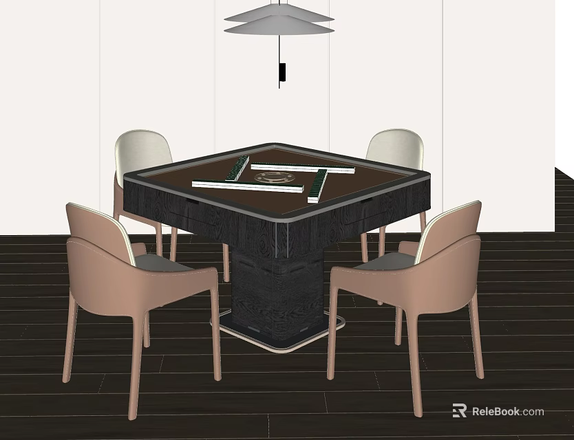 Modern Square Entertainment Table with Dark Top Four Light Chairs Ceiling Lamp and Wooden Floor 3d model 