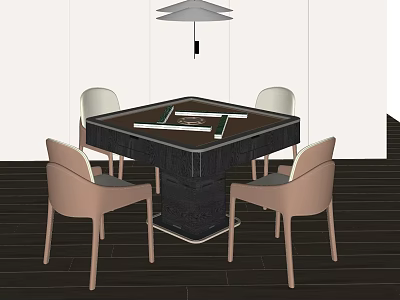 Modern Square Entertainment Table with Dark Top Four Light Chairs Ceiling Lamp and Wooden Floor 3d model