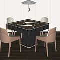 Modern Square Entertainment Table with Dark Top Four Light Chairs Ceiling Lamp and Wooden Floor