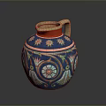 Sculpted Blue Pottery Jug with Colorful Star Flower Patterns and Beige Rim Handle