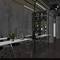 Modern Public Office Space With Open Layout Desks Computers Green Plants And Industrial Shelves