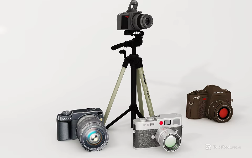 Digital Cameras With Tripod Stand And Various Modern Vintage Compact Models 3d model 