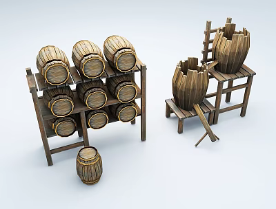 Handcrafted Stone Wood Barrels On Wooden Racks For Vintage Storage And Decorative 3d model