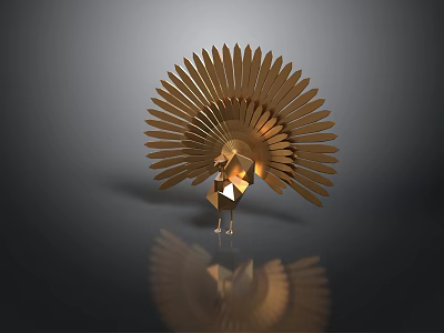 Golden Turkey Sculpture With Fan Shaped Feathers And Reflection On Black Background 3d model