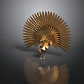 Golden Turkey Sculpture With Fan Shaped Feathers And Reflection On Black Background