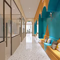 Modern Entrance Hall With Wooden Decor Mirrors Colorful Terrazzo Floor Sofa And Display Cases