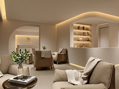 Luxury Beauty Salon Interior With Beige Sofas Green Plants And Product Shelves 3d model