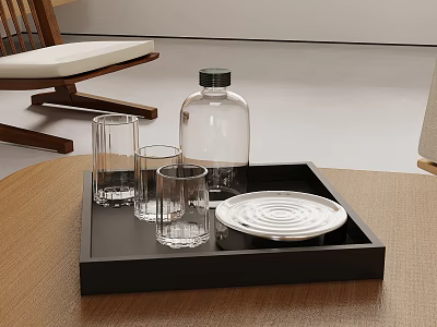 Modern Home Decor Black Tray With Clear Glass Bottle Cups White Spiral Plate And Chair 3d model