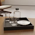 Modern Home Decor Black Tray With Clear Glass Bottle Cups White Spiral Plate And Chair