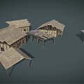 Traditional Wooden Building Models With Sloped Roofs And Open Frame Structures