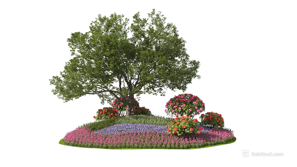 Roadside Green Facilities With Large Tree Colorful Flowers And Lush Grass Area 3d model 