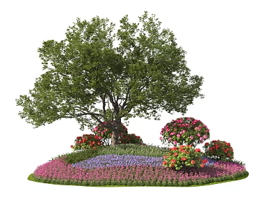 Roadside Green Facilities With Large Tree Colorful Flowers And Lush Grass Area 3d model