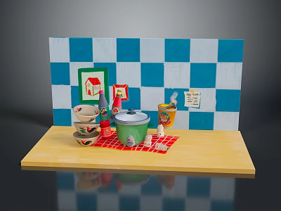 Household Items On Wooden Countertop With Stacked Bowls Green Container Red Mat And Checkered Wall 3d model