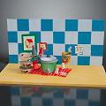Household Items On Wooden Countertop With Stacked Bowls Green Container Red Mat And Checkered Wall