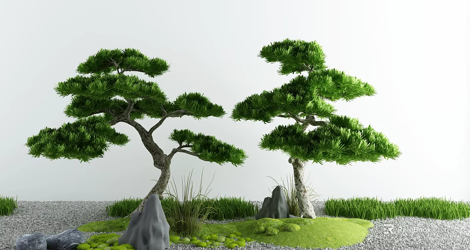 Tranquil Garden Miniature Landscape With Two Pine Trees Stones Green Grass And Gravel 3d model 