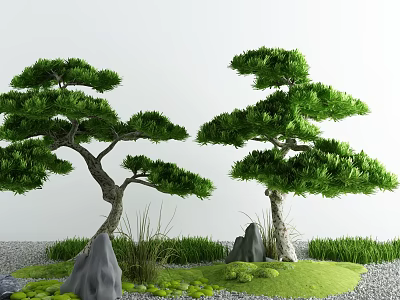 Tranquil Garden Miniature Landscape With Two Pine Trees Stones Green Grass And Gravel 3d model