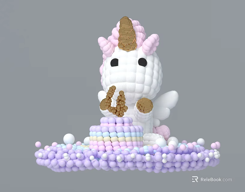 Inflatable Unicorn With Pink White Golden Horn Wings Cake Base And Purple White Balls 3d model 