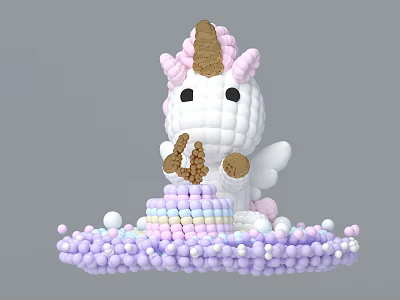 Inflatable Unicorn With Pink White Golden Horn Wings Cake Base And Purple White Balls 3d model
