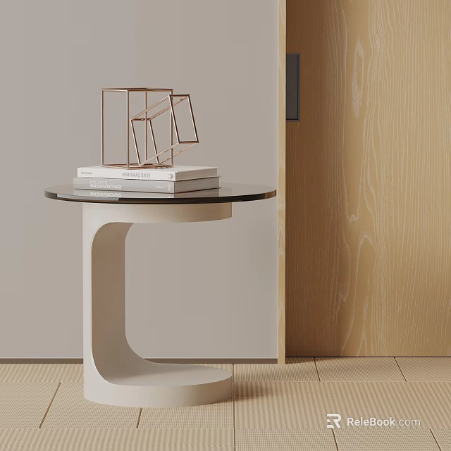 Modern Glass Top Side Table With White Curved Base And Stacked Books Decor 3d model 