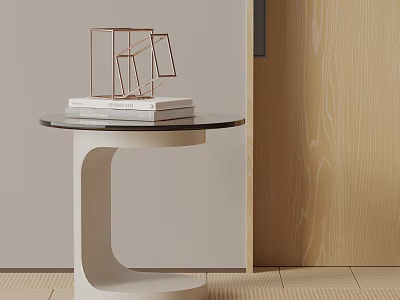 Modern Glass Top Side Table With White Curved Base And Stacked Books Decor 3d model