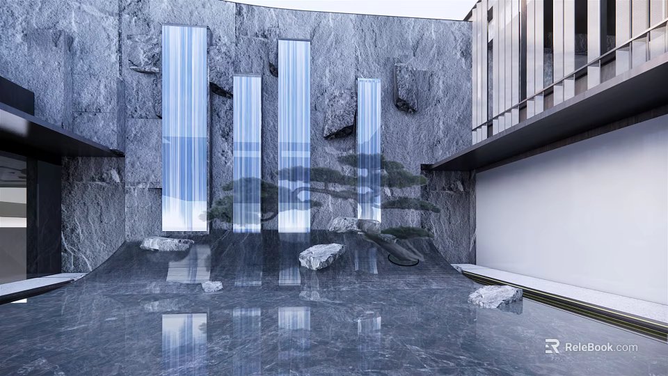 Modern Garden Landscape With Grey Marble Walls Vertical Waterfall Columns Reflective Pool And Pine Tree 3d model 