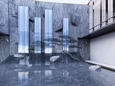 Modern Garden Landscape With Grey Marble Walls Vertical Waterfall Columns Reflective Pool And Pine Tree 3d model