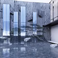 Modern Garden Landscape With Grey Marble Walls Vertical Waterfall Columns Reflective Pool And Pine Tree