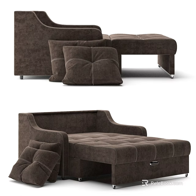 Comfortable Brown Tufted Sofa Ottoman With Storage And Decorative Cushions 3d model 