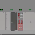Fire Safety Equipment With Open Fire Doors Fire Extinguishers Control Panels And Exit Signs