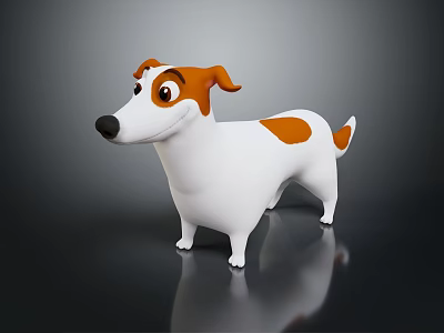Cute Cartoon Style White And Brown Dog 3D Model With Big Eyes On Dark Background 3d model