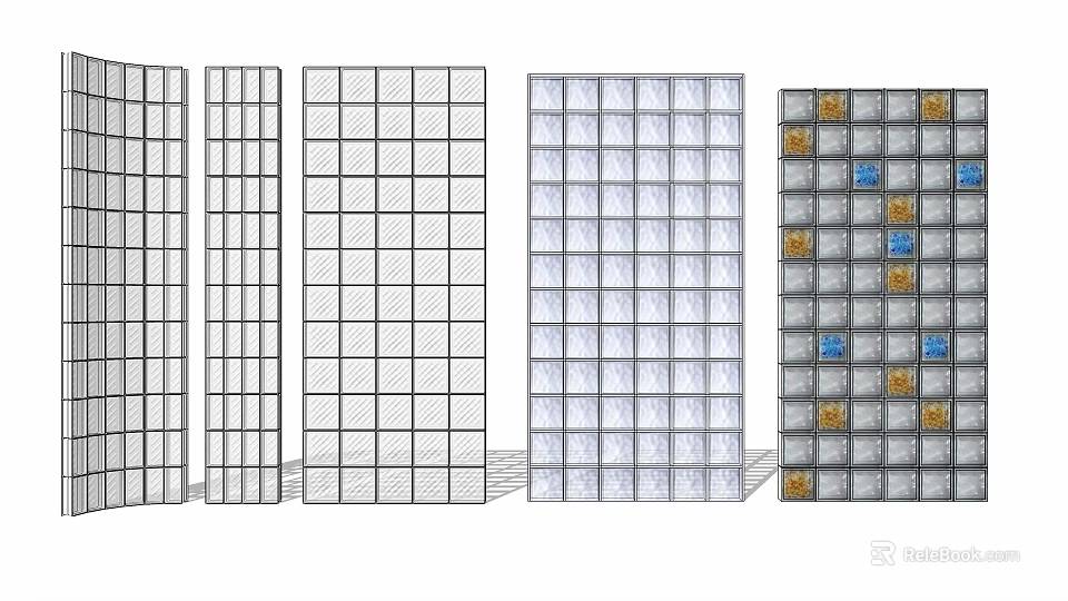 Various Glass Block Wall Designs With Grid Patterns And Decorative Elements 3d model