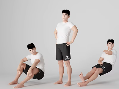 Men in White T Shirt and Black Shorts with Multiple Poses on Gray Background 3d model
